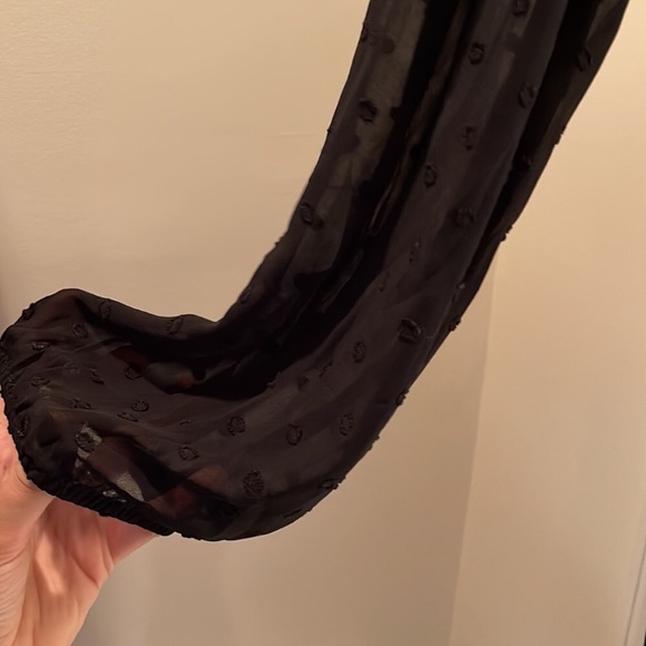 Express Black Clip Dot Sheer Chiffon Romper; tonal dot pattern and lace detail - Picture 7 of 8